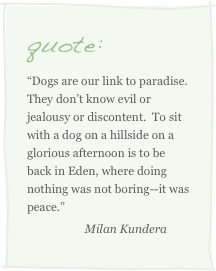 quote:
“Dogs are our link to paradise.  They don’t know evil or jealousy or discontent.  To sit with a dog on a hillside on a glorious afternoon is to be back in Eden, where doing nothing was not boring--it was peace.”            
                    Milan Kundera